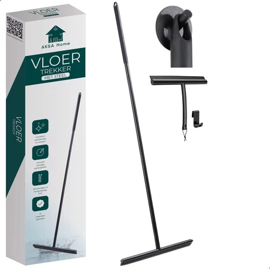 AKSA Home® Vloertrekker met Raamwisser - Douchewisser - Trekker Douche - RVS Vloerwisser - met Steel - Zwart