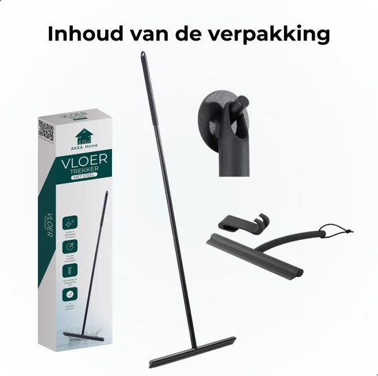 AKSA Home® Vloertrekker met Raamwisser - Douchewisser - Trekker Douche - RVS Vloerwisser - met Steel - Zwart