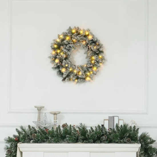 Kerstkrans met LED-verlichting, rode bessen 60 cm doorsnede