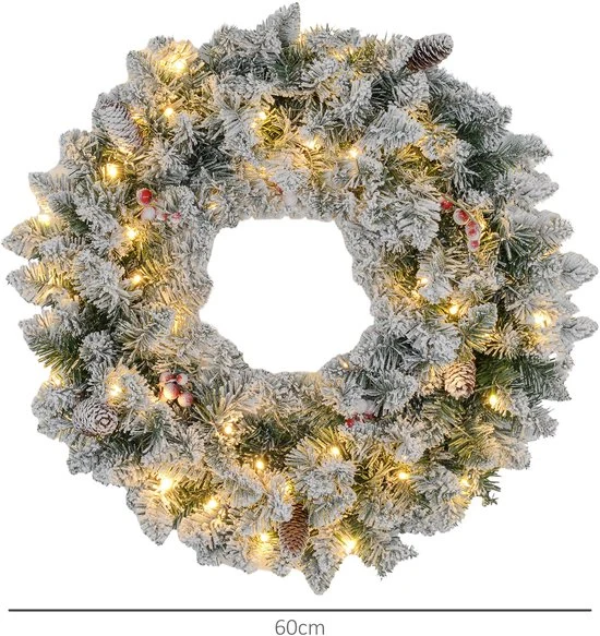 Kerstkrans met LED-verlichting, rode bessen 60 cm doorsnede