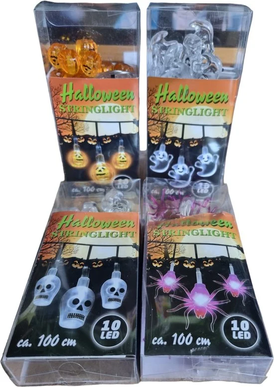 Sasemy - Halloween set - Lichtsnoer - Lampjes - LED Slinger - 4 stuks -Spook - Spin - Pompoen - Doodskop 100 cm - 10 Ledla...