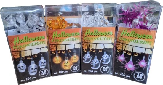 Sasemy - Halloween set - Lichtsnoer - Lampjes - LED Slinger - 4 stuks -Spook - Spin - Pompoen - Doodskop 100 cm - 10 Ledla...
