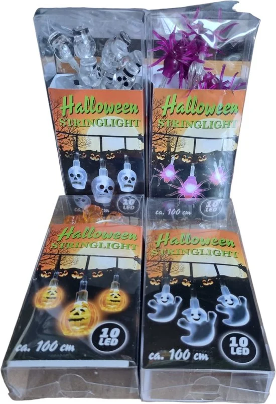 Sasemy - Halloween set - Lichtsnoer - Lampjes - LED Slinger - 4 stuks -Spook - Spin - Pompoen - Doodskop 100 cm - 10 Ledla...