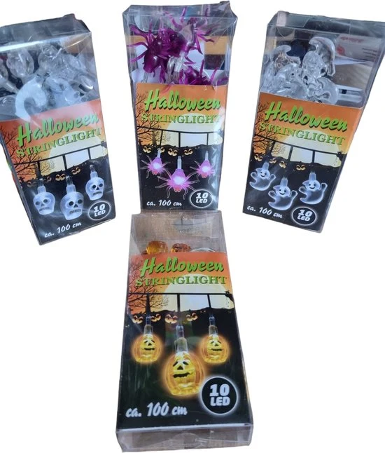 Sasemy - Halloween set - Lichtsnoer - Lampjes - LED Slinger - 4 stuks -Spook - Spin - Pompoen - Doodskop 100 cm - 10 Ledla...