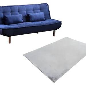 Set blauwe slaapbank MISHAN en grijs tapijt met bont-effect BUNNY