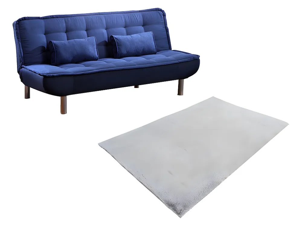 Set blauwe slaapbank MISHAN en grijs tapijt met bont-effect BUNNY