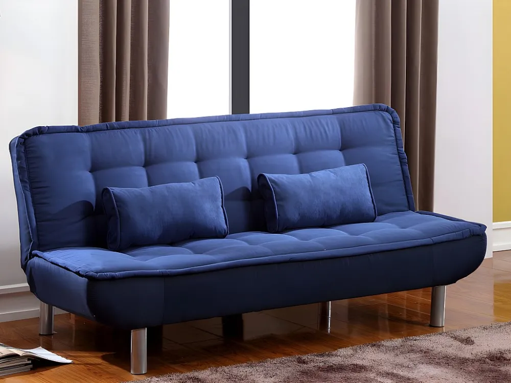 Set blauwe slaapbank MISHAN en grijs tapijt met bont-effect BUNNY