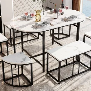 Set tafel en 6 stoelen - 4 kleine krukjes + 2 banken - zwart