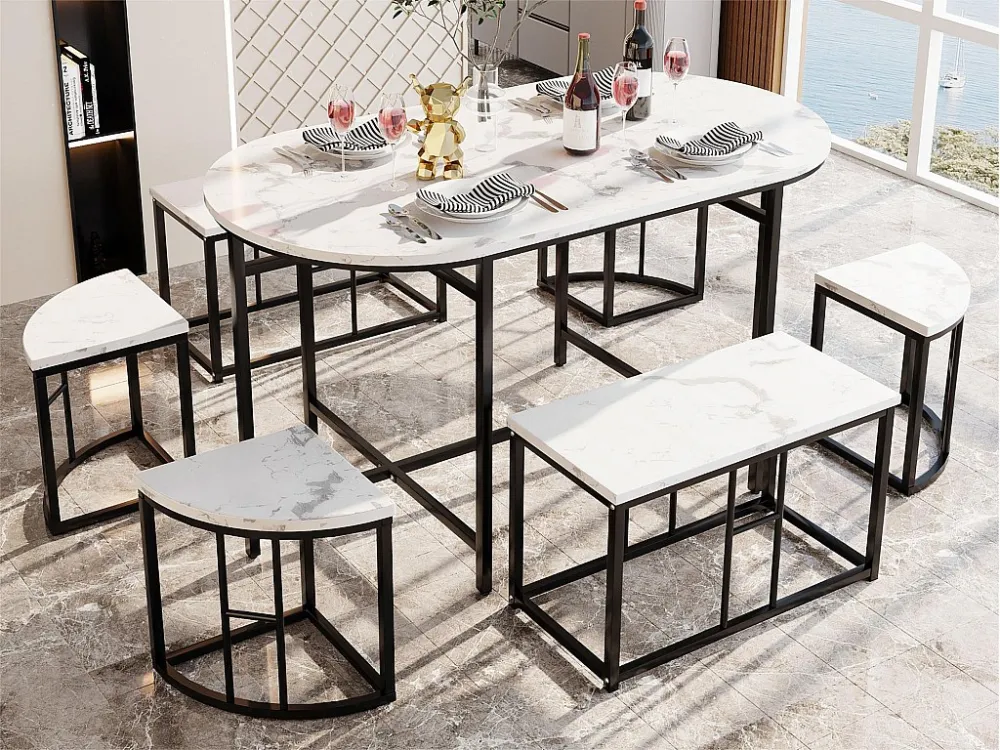 Set tafel en 6 stoelen - 4 kleine krukjes + 2 banken - zwart