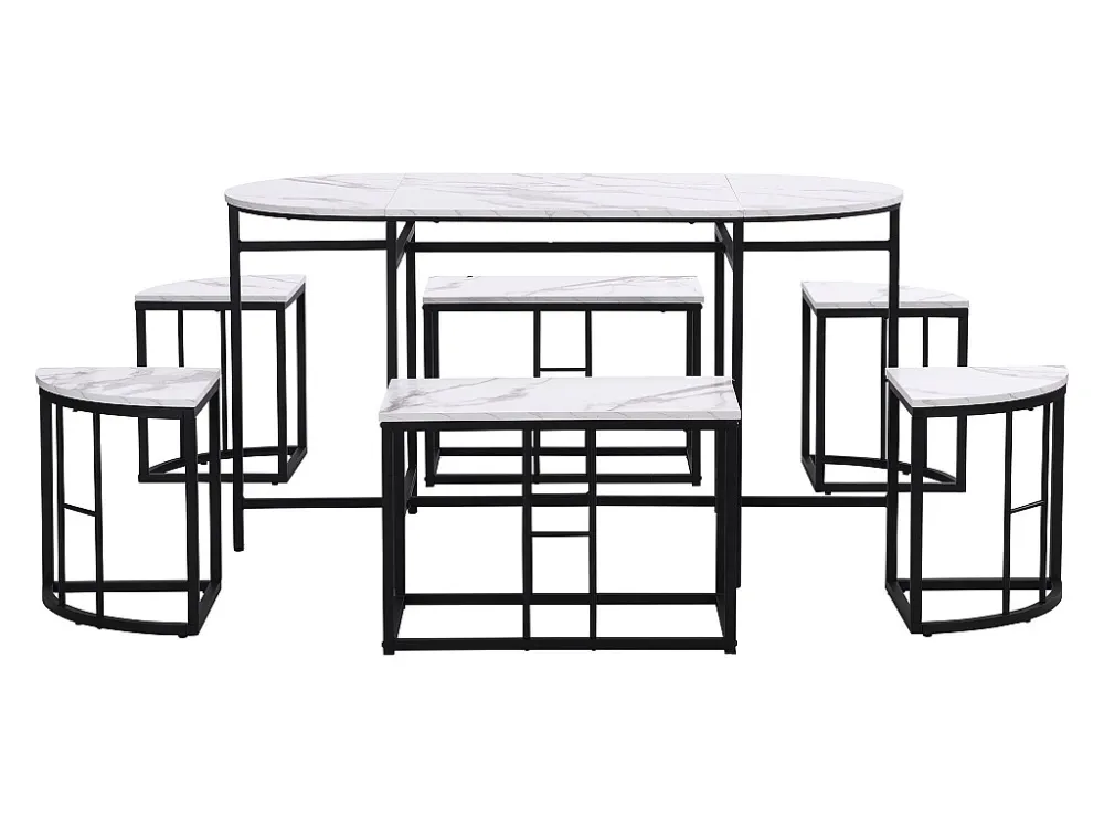 Set tafel en 6 stoelen - 4 kleine krukjes + 2 banken - zwart