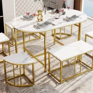 Set tafel en 6 stoelen - 4 kleine krukjes + 2 banken - goud