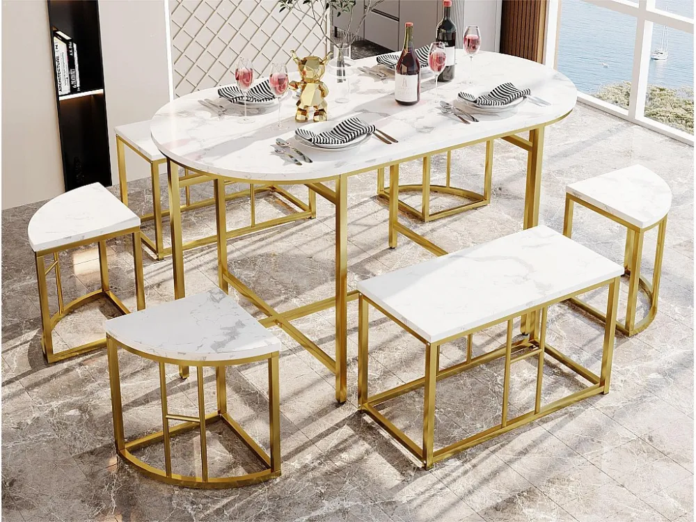 Set tafel en 6 stoelen - 4 kleine krukjes + 2 banken - goud