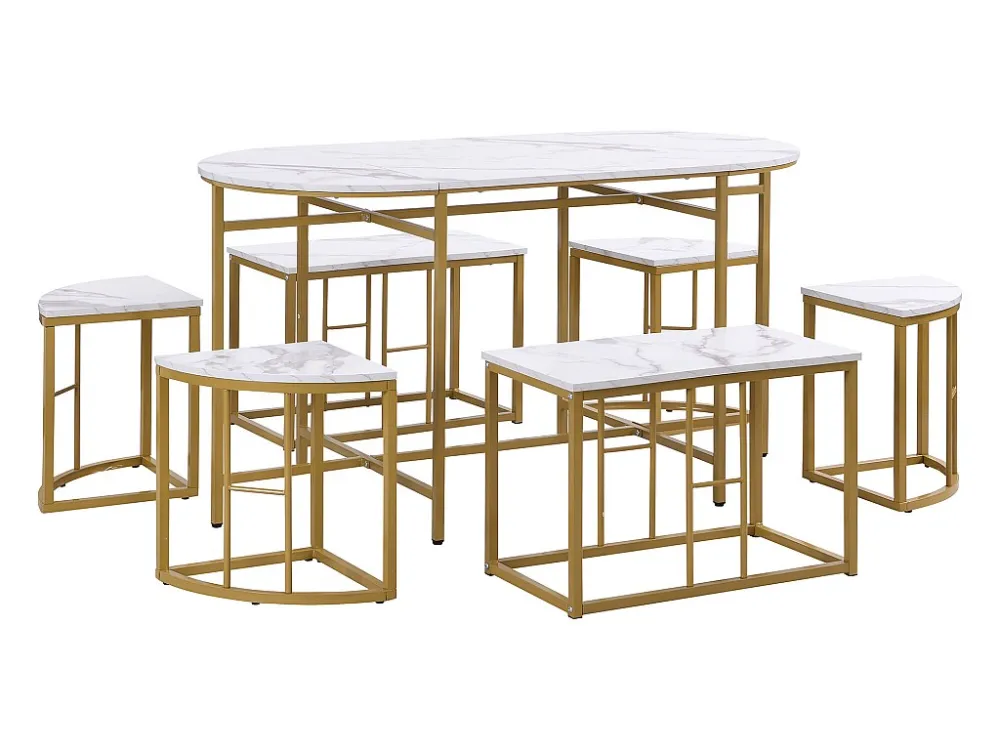 Set tafel en 6 stoelen - 4 kleine krukjes + 2 banken - goud