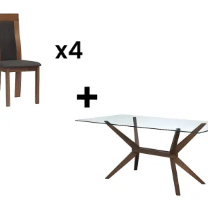 Set tafel van gehard glas en beuken + 4 stoelen van stof en beuken - Noten en antraciet. BELINDA