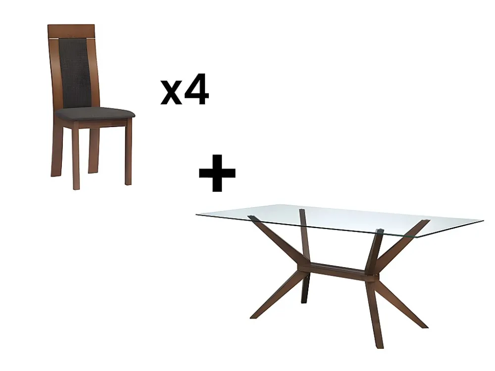 Set tafel van gehard glas en beuken + 4 stoelen van stof en beuken - Noten en antraciet. BELINDA