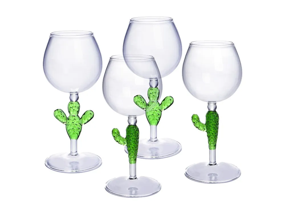 Set van 4 wijnglazen met groene cactusvoet - Ø8,5 x H21,5 cm - GELLIF