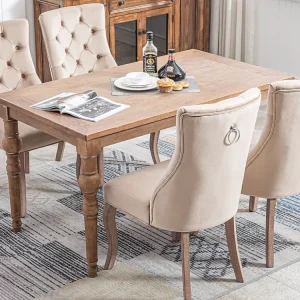 Set van 4 eetkamerstoelen - Fluweel en massief hout - Achterkant ruitpatroon - Natuurtint