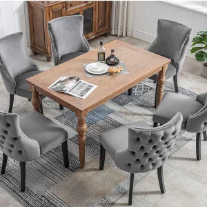 Set van 6 eetkamerstoelen - Fluweel en massief hout - Achterkant ruitpatroon - Grijs en zwart