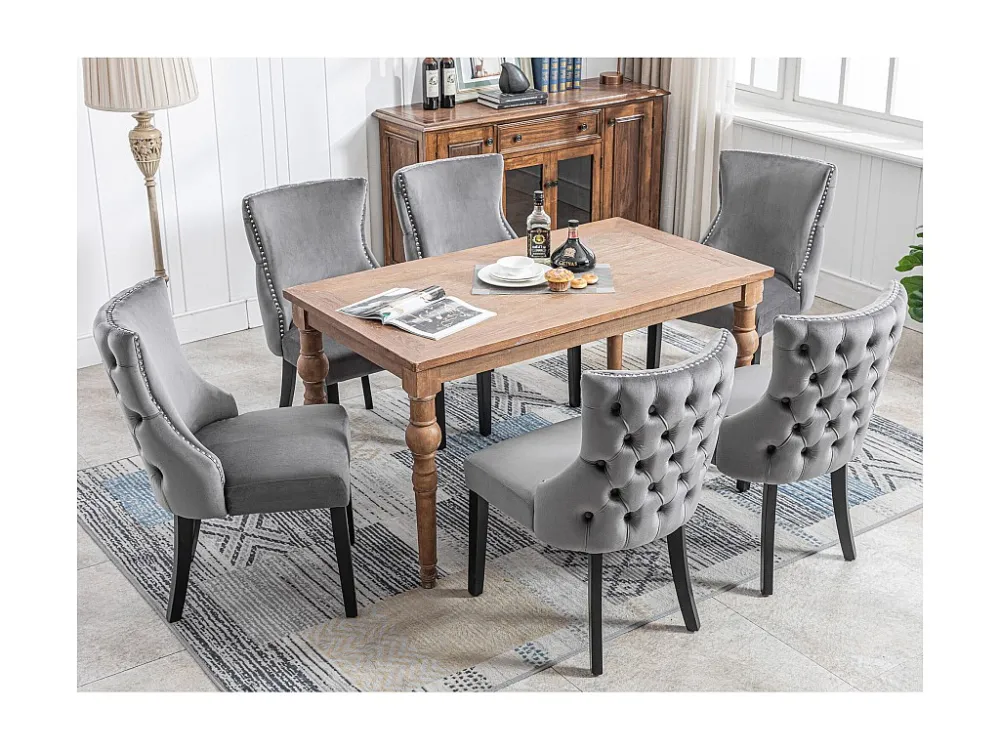 Set van 6 eetkamerstoelen - Fluweel en massief hout - Achterkant ruitpatroon - Grijs en zwart