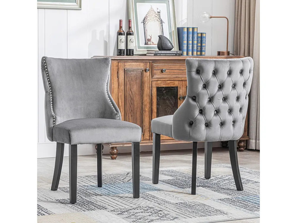 Set van 6 eetkamerstoelen - Fluweel en massief hout - Achterkant ruitpatroon - Grijs en zwart