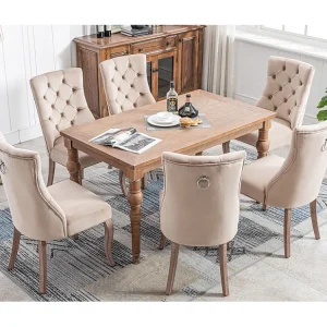 Set van 6 eetkamerstoelen - fluweel en massief hout - achterkant ruitpatroon - natuurtint