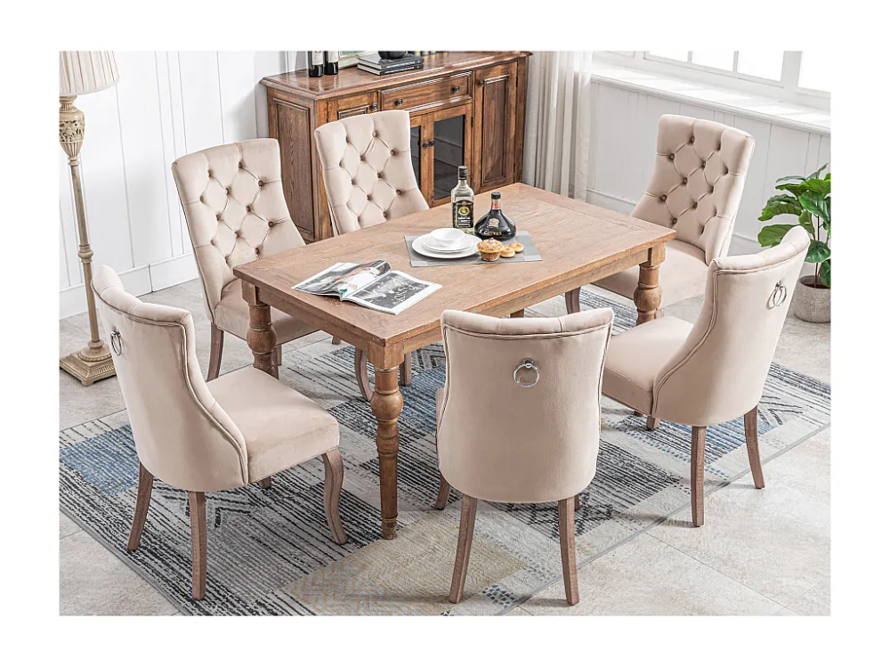 Set van 6 eetkamerstoelen - fluweel en massief hout - achterkant ruitpatroon - natuurtint