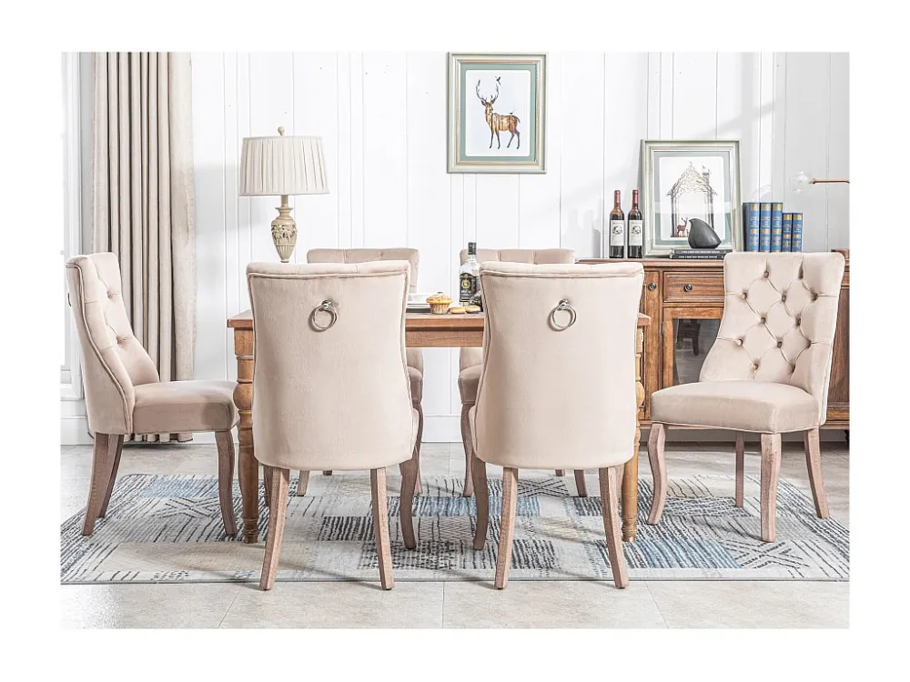 Set van 6 eetkamerstoelen - fluweel en massief hout - achterkant ruitpatroon - natuurtint