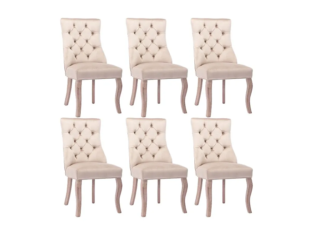 Set van 6 eetkamerstoelen - fluweel en massief hout - achterkant ruitpatroon - natuurtint