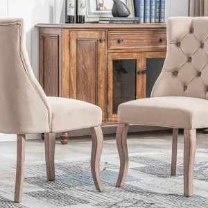 Set van 2 eetkamerstoelen - Fluweel en massief hout - Achterkant ruitpatroon - Lichtbruin