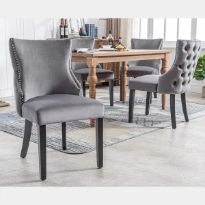 Set van 4 eetkamerstoelen - Fluweel en massief hout - Achterkant ruitpatroon - Grijs en zwart