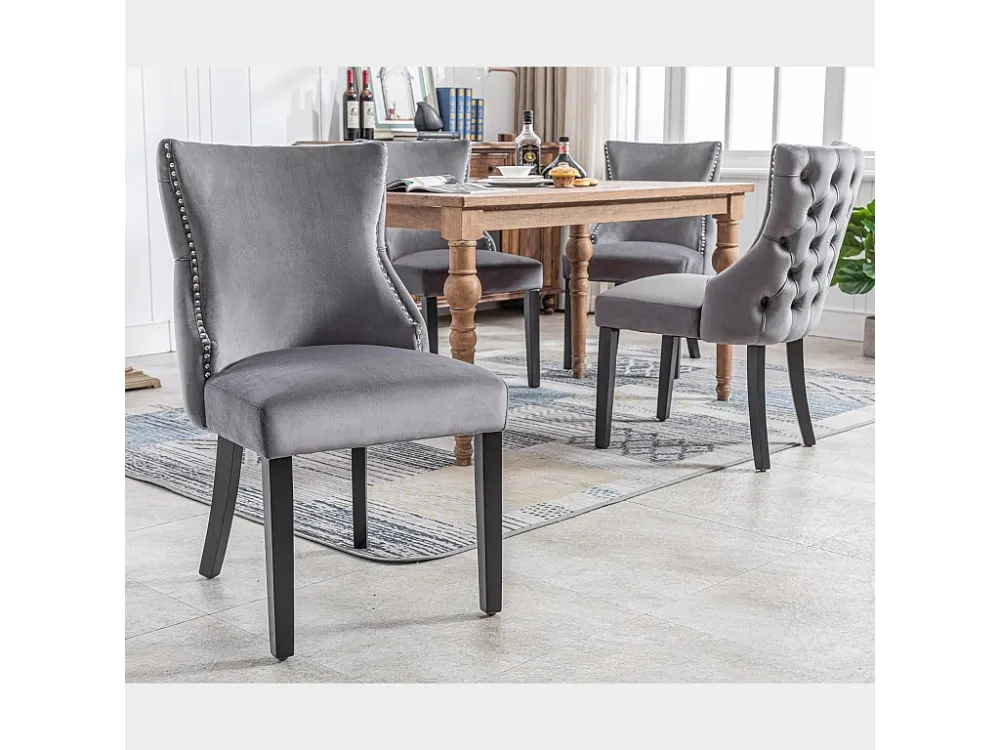 Set van 4 eetkamerstoelen - Fluweel en massief hout - Achterkant ruitpatroon - Grijs en zwart
