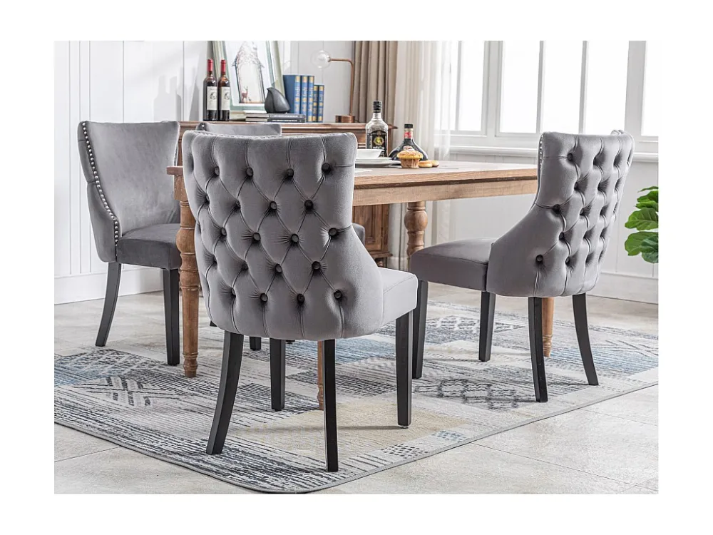 Set van 4 eetkamerstoelen - Fluweel en massief hout - Achterkant ruitpatroon - Grijs en zwart