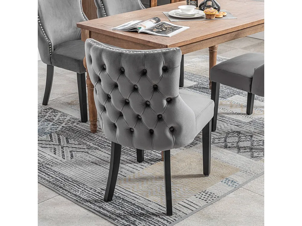 Set van 4 eetkamerstoelen - Fluweel en massief hout - Achterkant ruitpatroon - Grijs en zwart