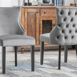 Set van 2 eetkamerstoelen - Fluweel en massief hout - Achterkant ruitpatroon - Grijs en zwart