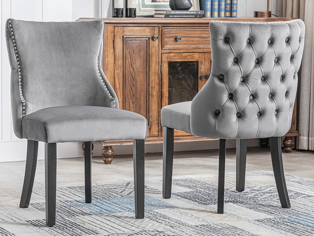 Set van 2 eetkamerstoelen - Fluweel en massief hout - Achterkant ruitpatroon - Grijs en zwart