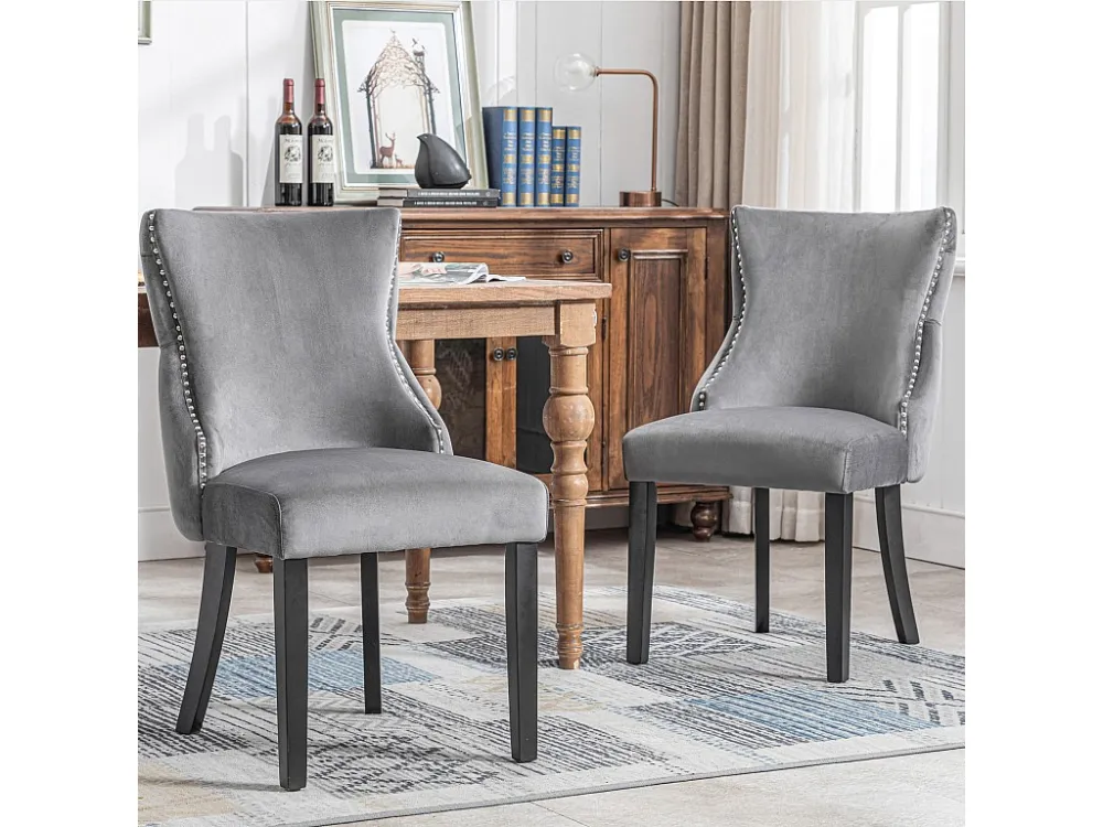 Set van 2 eetkamerstoelen - Fluweel en massief hout - Achterkant ruitpatroon - Grijs en zwart