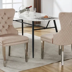 Set van 2 eetkamerstoelen - Fluweel en metaal - Rug ruitpatroon - Lichtbruin