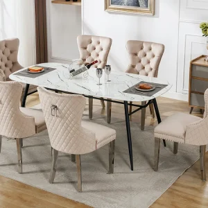 Set van 6 eetkamerstoelen - Fluweel en metaal - Rug ruitpatroon - Ecru