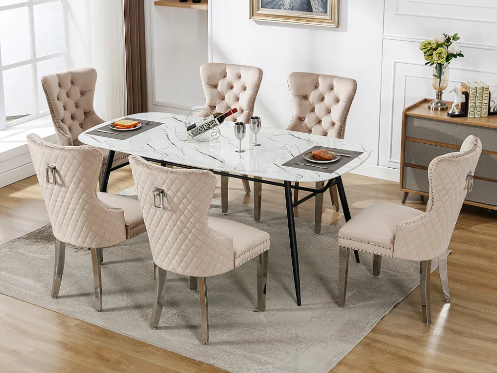 Set van 6 eetkamerstoelen - Fluweel en metaal - Rug ruitpatroon - Ecru