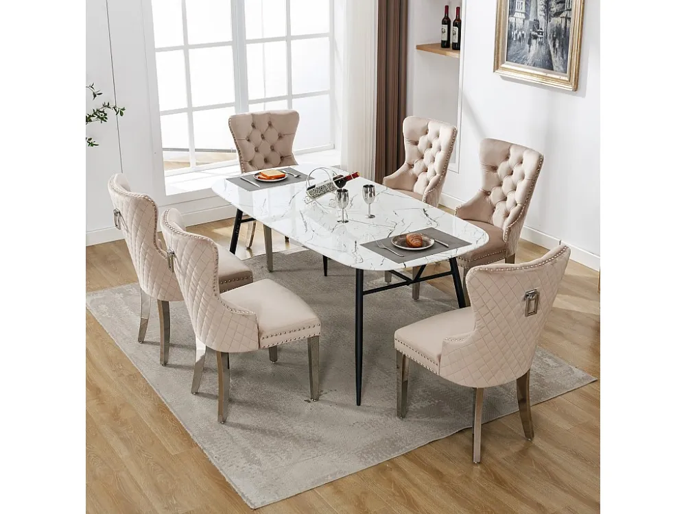 Set van 6 eetkamerstoelen - Fluweel en metaal - Rug ruitpatroon - Ecru