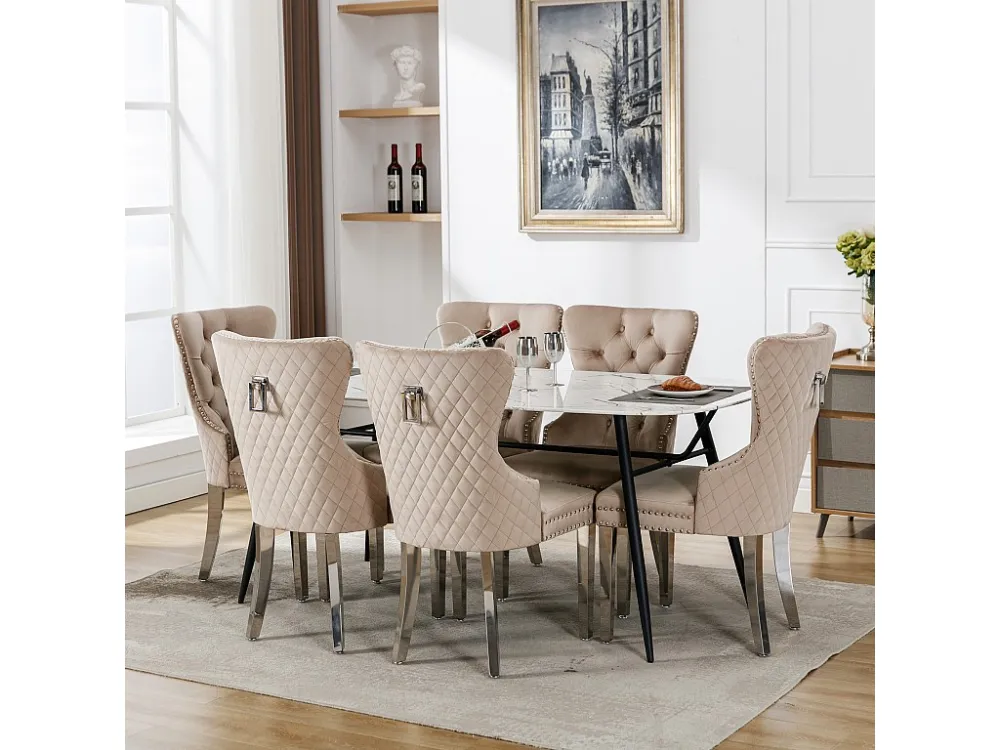Set van 6 eetkamerstoelen - Fluweel en metaal - Rug ruitpatroon - Ecru