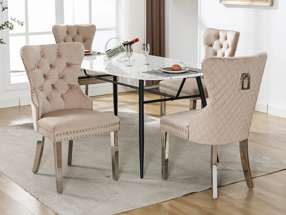Set van 4 eetkamerstoelen - Fluweel en metaal - Ruitpatroon achterkant - Natuurtint