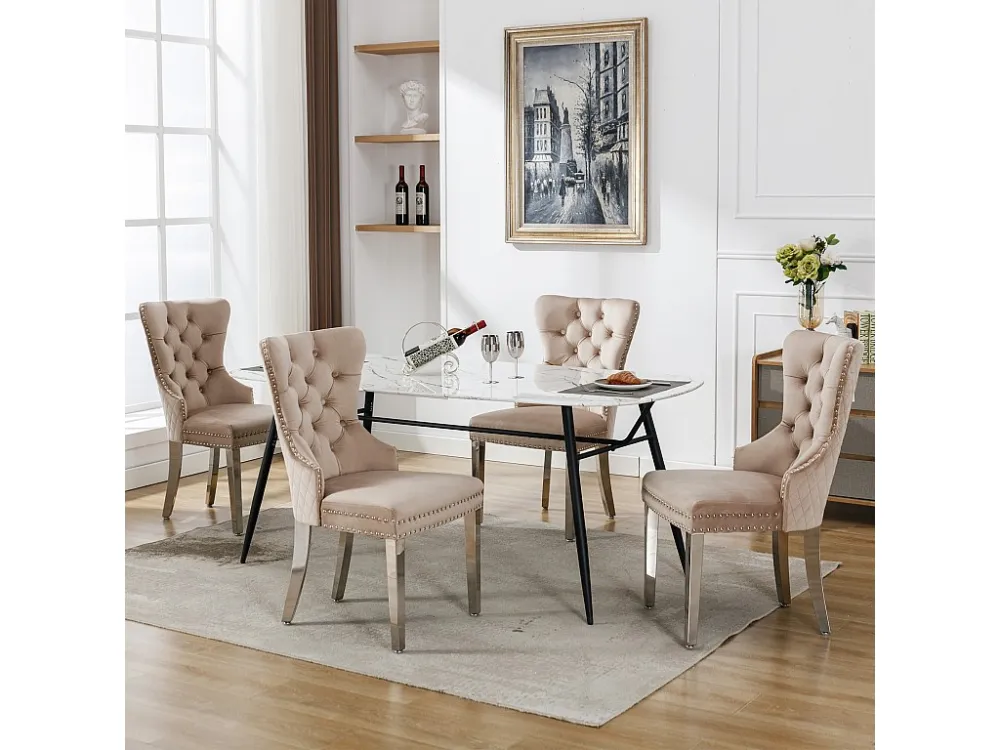 Set van 4 eetkamerstoelen - Fluweel en metaal - Ruitpatroon achterkant - Natuurtint