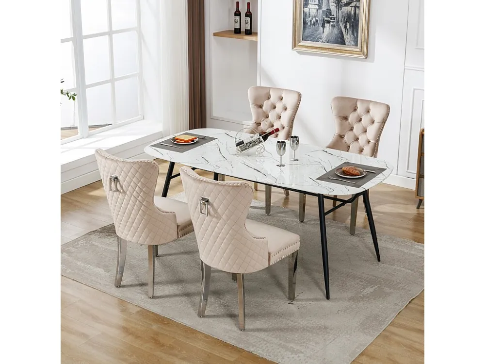 Set van 4 eetkamerstoelen - Fluweel en metaal - Ruitpatroon achterkant - Natuurtint