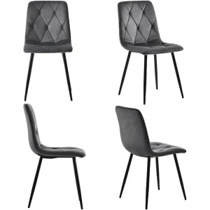 Set van 4 Fluwelen stoelen - metalen structuur - Ruitpatroon - grijs