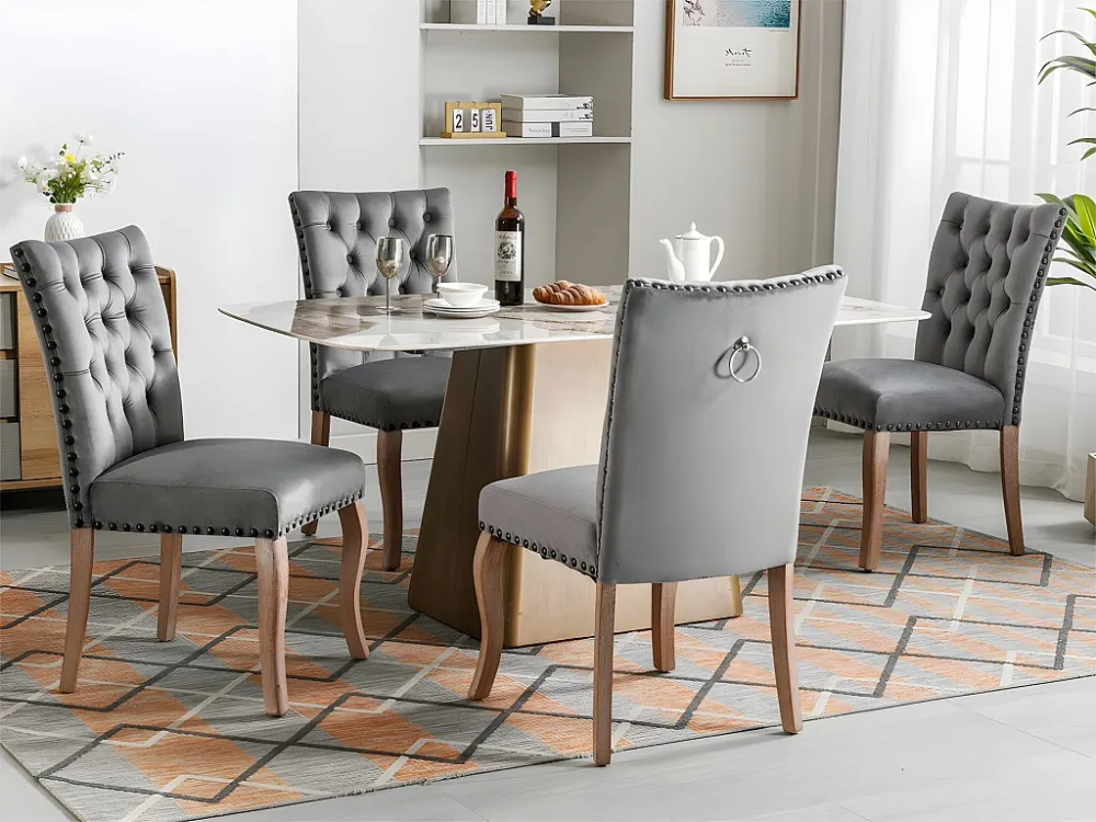 Set van 4 gewatteerde fluwelen stoelen - massief houten frame - grijs