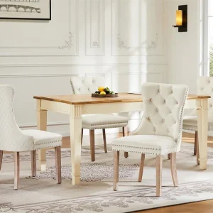 Set van 4 gewatteerde fluwelen stoelen - massief houten frame - Ecru