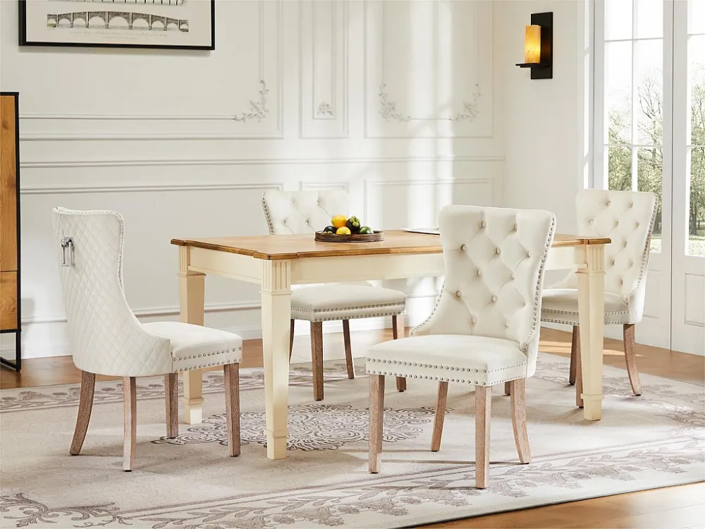Set van 4 gewatteerde fluwelen stoelen - massief houten frame - Ecru