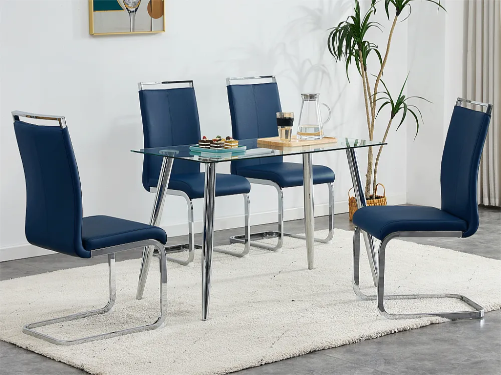 Set van 4 Kunstleren sledestoelen - chroom metalen structuur - Blauw