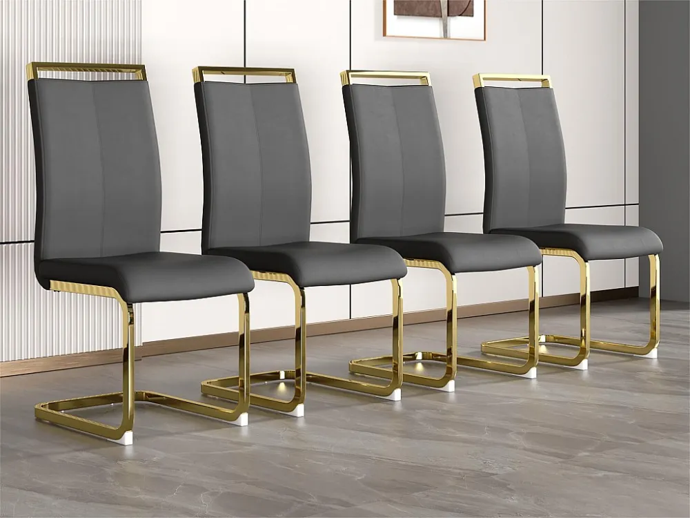 Set van 4 kunstleren sledestoelen - chroom metalen structuur - grijs & goud